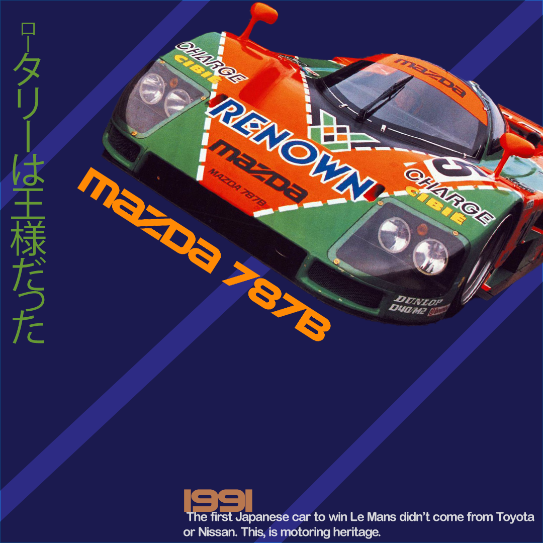 Poster for the Mazda 787B, the first Japanese car to win Le Mans in 1991. Made for a motorsport-themed exhibition at the Design Museum in London, 2024.